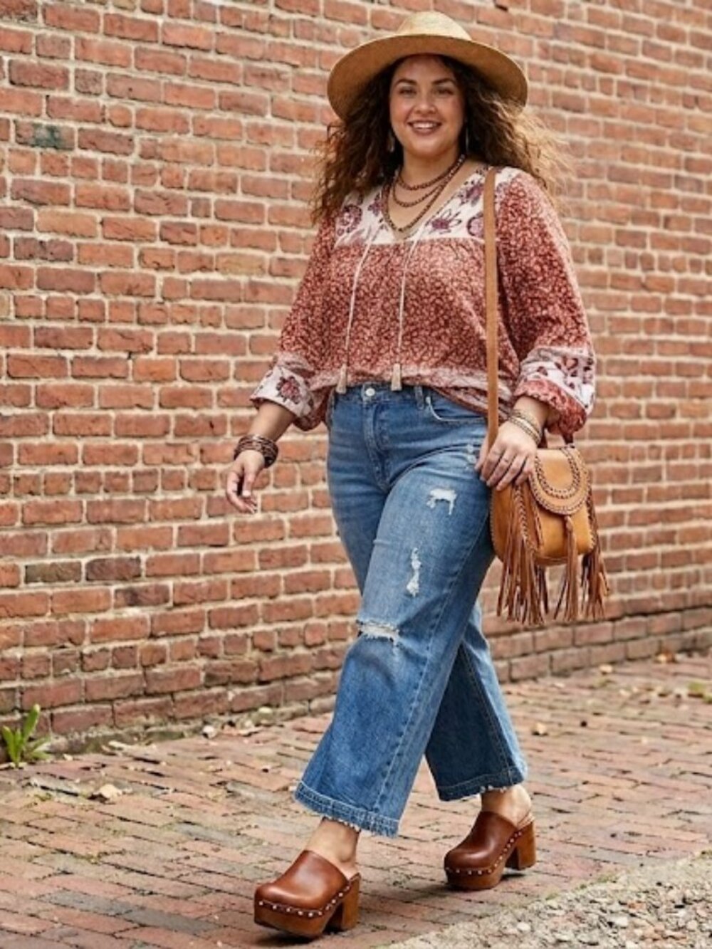 Maurices Size L Boho Floral Peasant Blouse Rayon Cottagecore Tie Neck Rust Terra